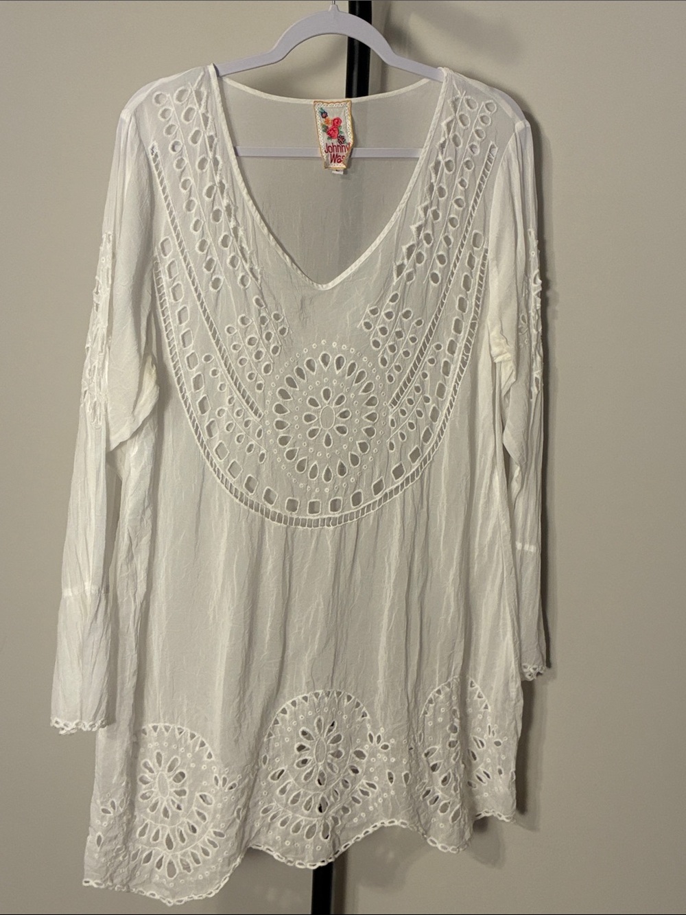 Johnny Was White Tunic Eyelet Embroidered Scalloped Hem V Neck Large